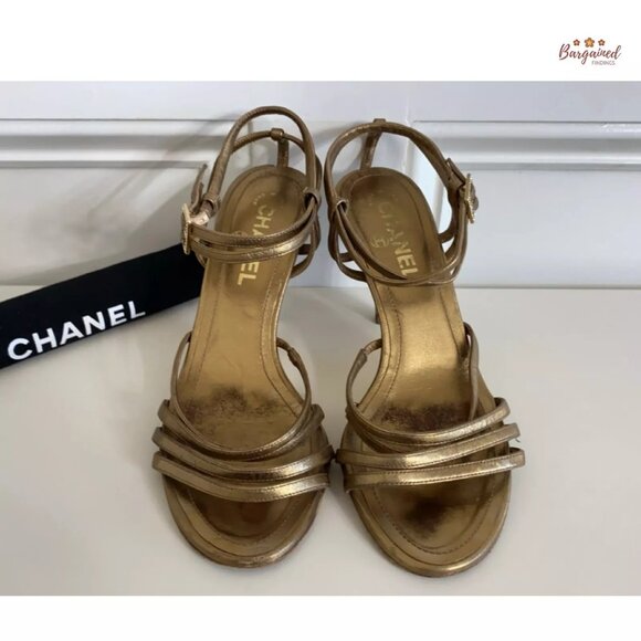 Authentic CHANEL Gold Metallic Leather CC Logo Ankle Strap High Heel Pumps 36.5 - Picture 4 of 13